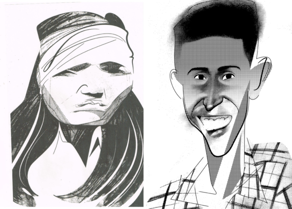 Phoolan Devi, activista indiana, à esquerda. Alcindo Monteiro, à direita, morto por skinheads no Bairro Alto. Ilustrações de André Carrilho